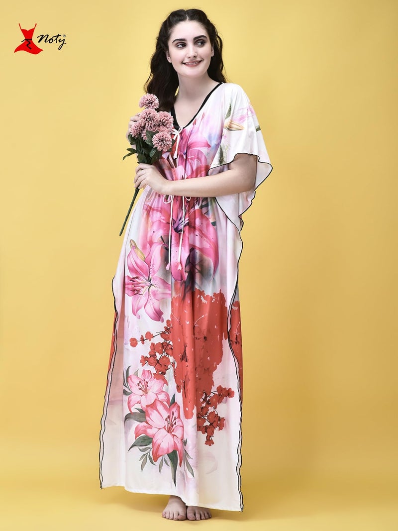 Noty Store Noty Women Polyester Blend Maxi Kaftan Nighty | Digital Print | Sarena Fabric | V Shaped Neck Nightwear | Nightdress (Multicolor Pink, Free Size) - Image 2