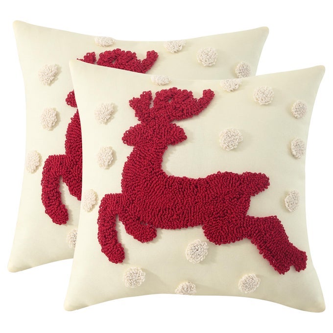 CHRISTMAS THROW PILLOW COVER 18 X 18 INCH SET OF 2 BEIGE POLKA DOT RED DEER CHRISTMAS PARTY DECOR WINTER HOLIDAY SOFT CUSHION CASE FOR SOFA COUCH BED LIVING ROOM