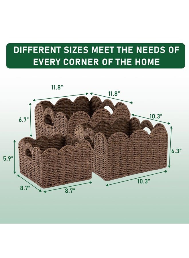 OIAHOMY Scalloped Wicker Baskets, Hand-woven Storage Baskets with Built-in Handles, Paper Rope Shelf Baskets for Organizing and Decoration, Set of 3-Brown - Image 3