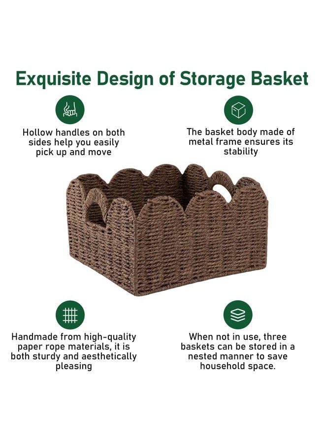OIAHOMY Scalloped Wicker Baskets, Hand-woven Storage Baskets with Built-in Handles, Paper Rope Shelf Baskets for Organizing and Decoration, Set of 3-Brown - Image 5