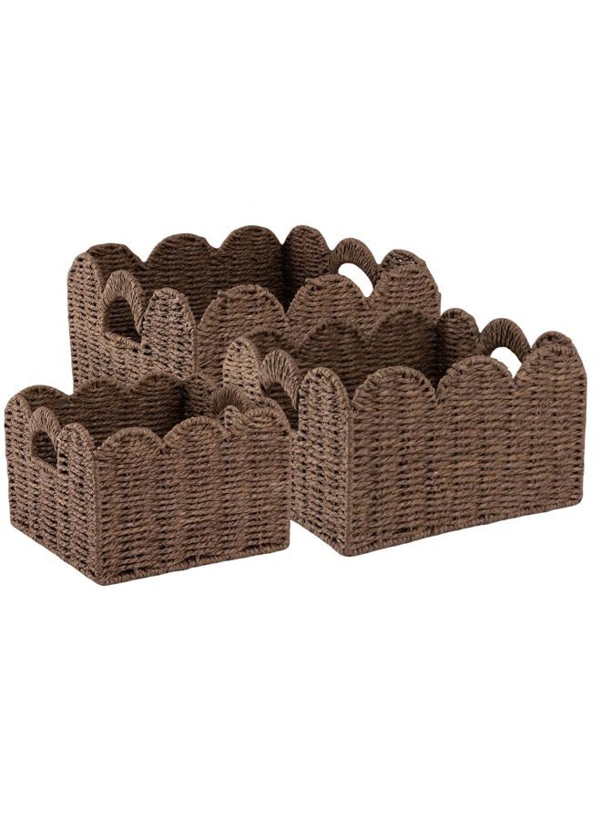 OIAHOMY Scalloped Wicker Baskets, Hand-woven Storage Baskets with Built-in Handles, Paper Rope Shelf Baskets for Organizing and Decoration, Set of 3-Brown - Image 1