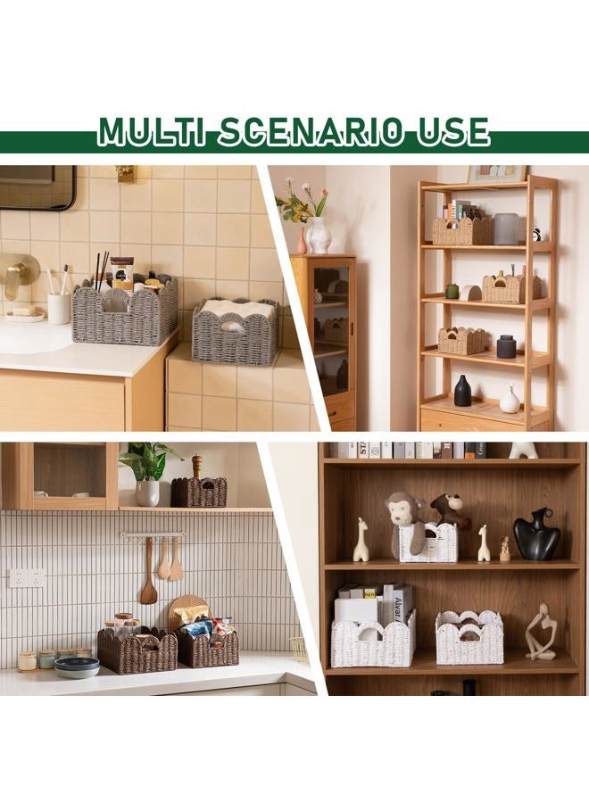 OIAHOMY Scalloped Wicker Baskets, Hand-woven Storage Baskets with Built-in Handles, Paper Rope Shelf Baskets for Organizing and Decoration, Set of 3-Brown - Image 2