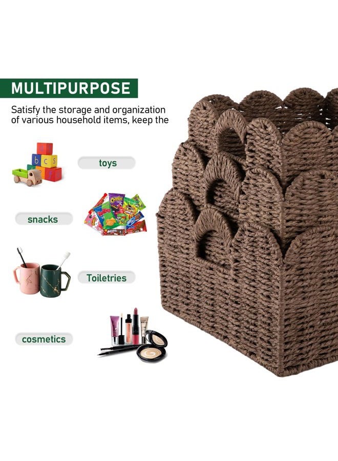 OIAHOMY Scalloped Wicker Baskets, Hand-woven Storage Baskets with Built-in Handles, Paper Rope Shelf Baskets for Organizing and Decoration, Set of 3-Brown - Image 4
