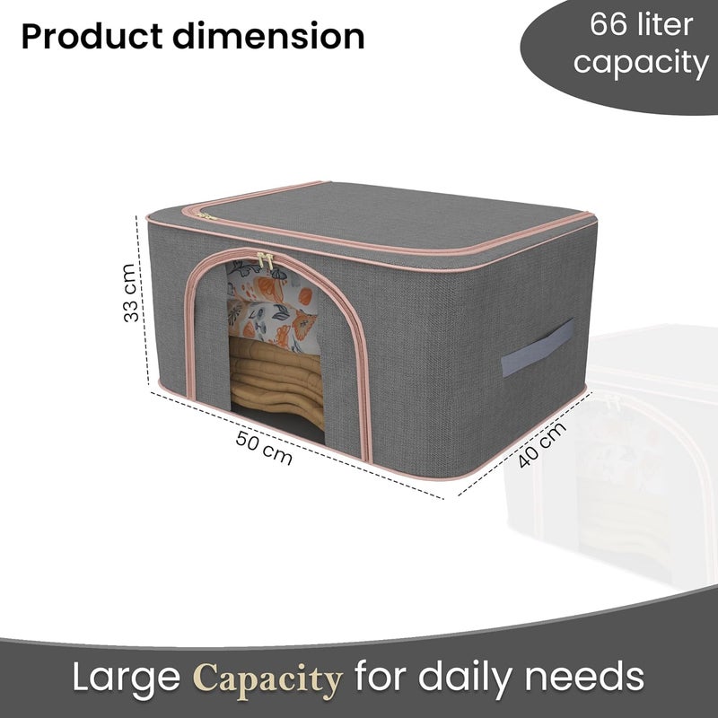 Kuber Industries Pack of 6 Foldable 66 Liter Cloth Organizer for Storage with Steel Frames Zip Handles See Through Saree Organiser for Wardrobe Seasonal Home Items LJ1GRY Grey - Image 3