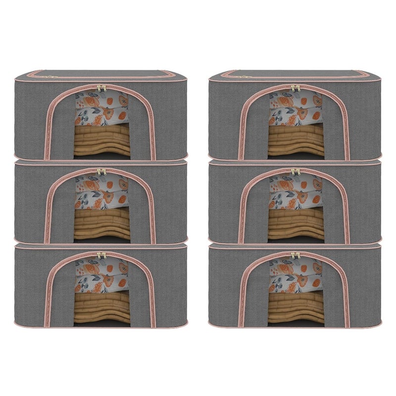 Kuber Industries Pack of 6 Foldable 66 Liter Cloth Organizer for Storage with Steel Frames Zip Handles See Through Saree Organiser for Wardrobe Seasonal Home Items LJ1GRY Grey - Image 1