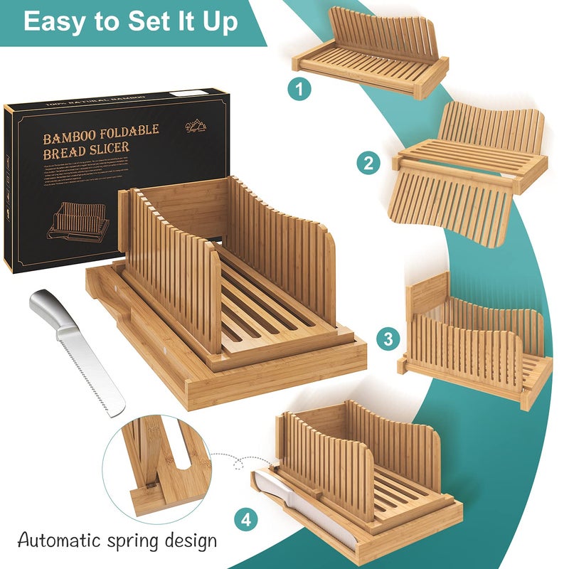 Vriccc Bamboo Bread Slicer with Serrated Knife, Adjustable Guide for 3 Thickness Sizes, Foldable Chopping Board with Crumb Tray, Great for Homemade Bread, Cakes, Bagels - Image 4