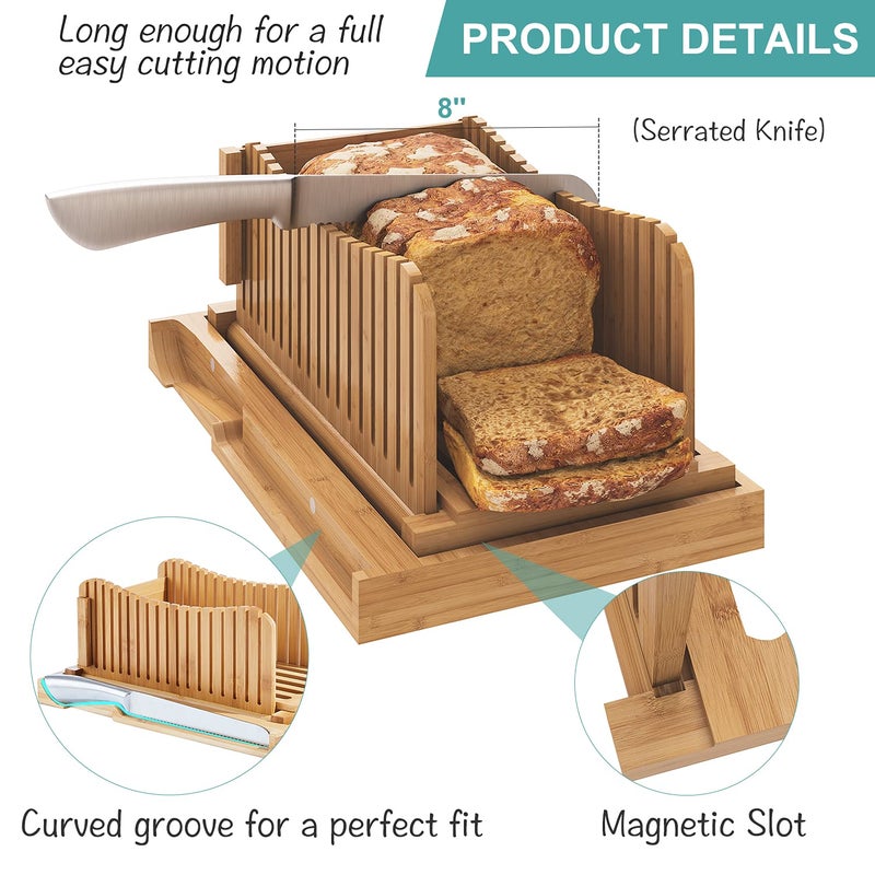 Vriccc Bamboo Bread Slicer with Serrated Knife, Adjustable Guide for 3 Thickness Sizes, Foldable Chopping Board with Crumb Tray, Great for Homemade Bread, Cakes, Bagels - Image 3
