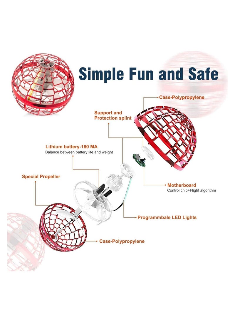 Flying ball toy Globe Shape Magic Controller mini flying toy, built-in RGB light rotator 360° rotation, suitable for children and adults outdoor and indoor magic flying toys (Red)