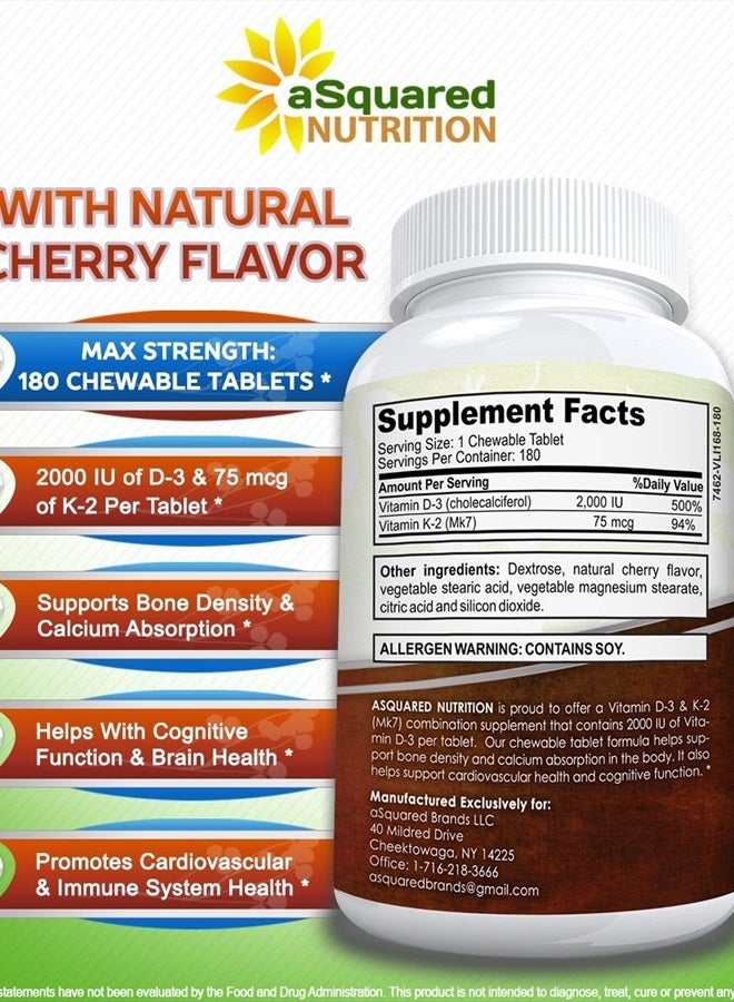 aSquared Nutrition Vitamin D3 with K2 Supplement - 180 Chewable Tablets, Max Strength D-3 Cholecalciferol & K-2 MK7 to Support Healthy Bones, Teeth, Heart - Antioxidant D 3 & K 2 MK-7 Energy Formula for Men and Women - Image 5