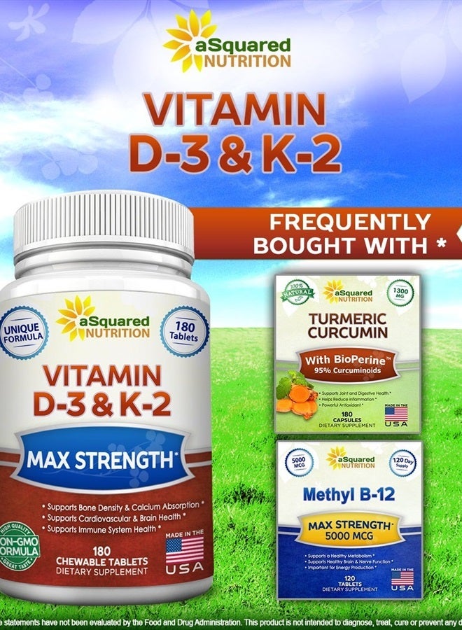aSquared Nutrition Vitamin D3 with K2 Supplement - 180 Chewable Tablets, Max Strength D-3 Cholecalciferol & K-2 MK7 to Support Healthy Bones, Teeth, Heart - Antioxidant D 3 & K 2 MK-7 Energy Formula for Men and Women - Image 3