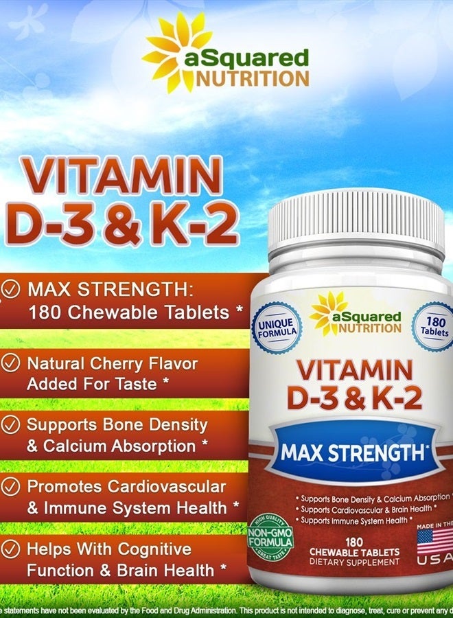 aSquared Nutrition Vitamin D3 with K2 Supplement - 180 Chewable Tablets, Max Strength D-3 Cholecalciferol & K-2 MK7 to Support Healthy Bones, Teeth, Heart - Antioxidant D 3 & K 2 MK-7 Energy Formula for Men and Women - Image 2
