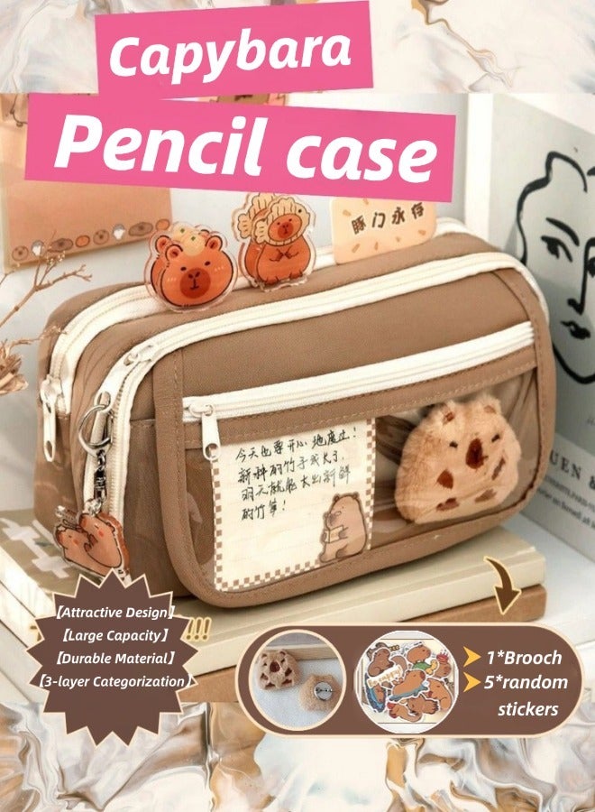 Capybara Pencil case, Large Capacity Pencil Pouch with Compartments, Cute Transparent Capybara Pencil Case, , Durable Wide Opening Mouth Pencil Pouch, Easy to Classify and Organize Stationery Suitable for Students, Teachers, Office Use [Brown, Dolphin Door Eternal]  - Image 1