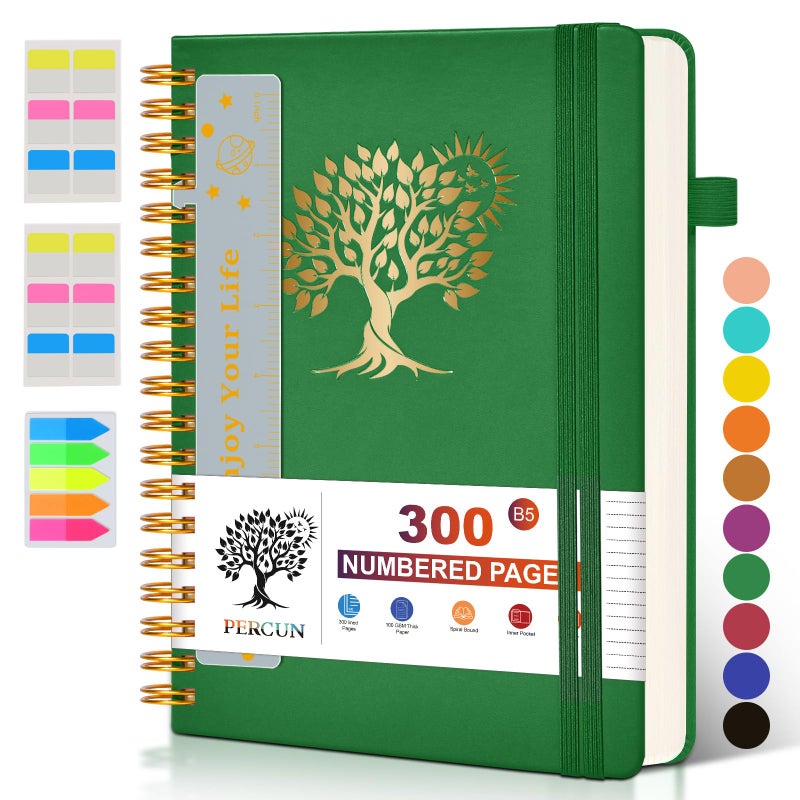 PERCUN Large Spiral Notebook Journal for Women Men - 300 Numbered Lined Pages, College Ruled,B5 Hardcover Spiral Bound Notebook for School, Work, Note Taking, Writing, Leather Spiral Journal 7"x10" - Image 1