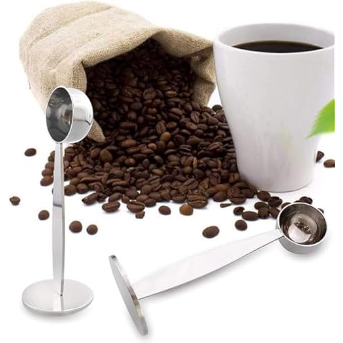SWIUKPHE مغرفة قهوة احترافية 2 في 1 من الفولاذ المقاوم للصدأ مع ملعقة ومطرقة حبوب القهوة للمقهى والمنزل والمطبخ والمكتب باللون الفضي، قطعة واحدة - Image 3
