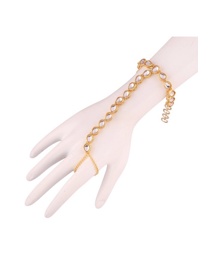 I Jewels I Jewels Traditional Gold Plated Kundan Hath Punja Adjustable Chain Bracelet with Ring for Women (PIJ010W) (White)  - Image 2