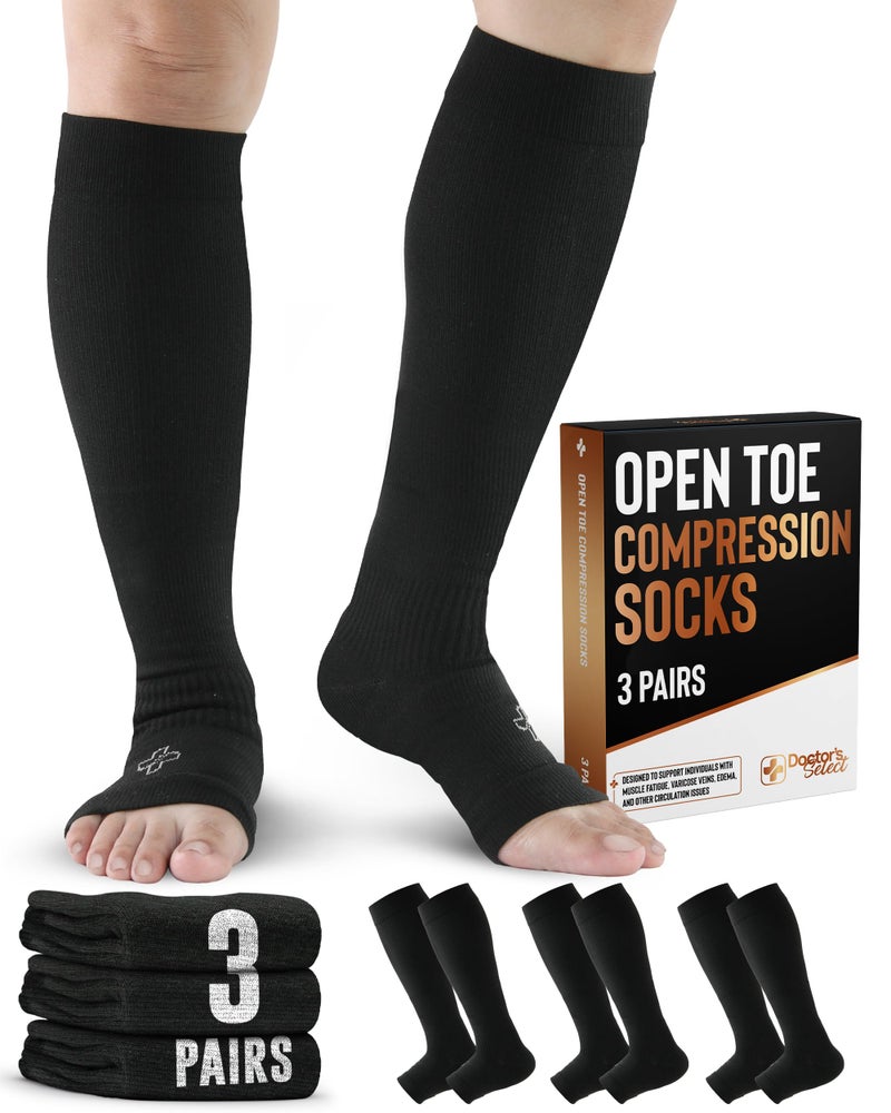 Doctor's Select 3 Pairs Copper Toeless Compression Socks for Men - 20-30 mmHg Open Toe Compression Socks Women, Toeless Socks, Knee High, Black - Image 1