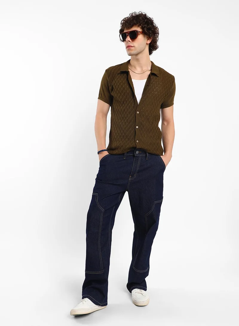 كامبوس سوترا Men's Mocha Brown Harlequin-Textured Knit Shirt