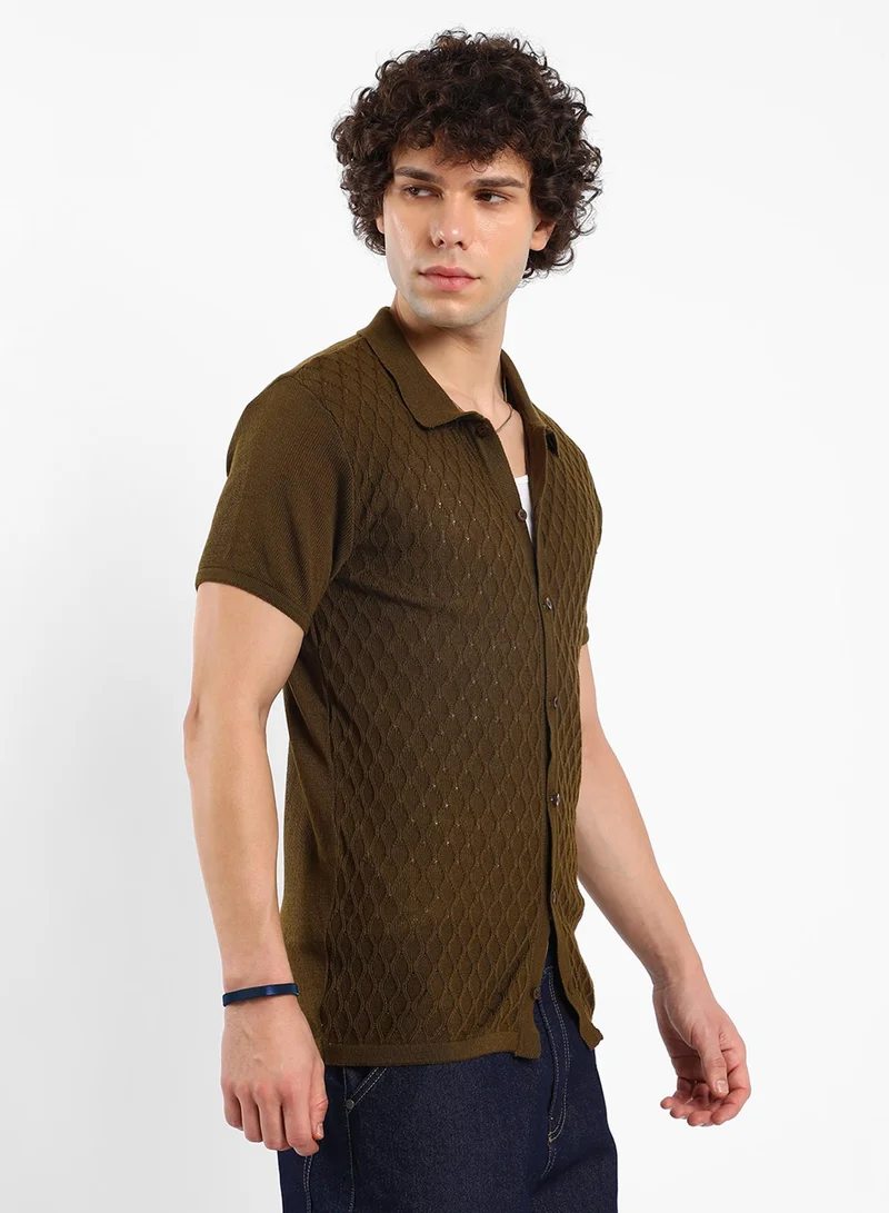 كامبوس سوترا Men's Mocha Brown Harlequin-Textured Knit Shirt