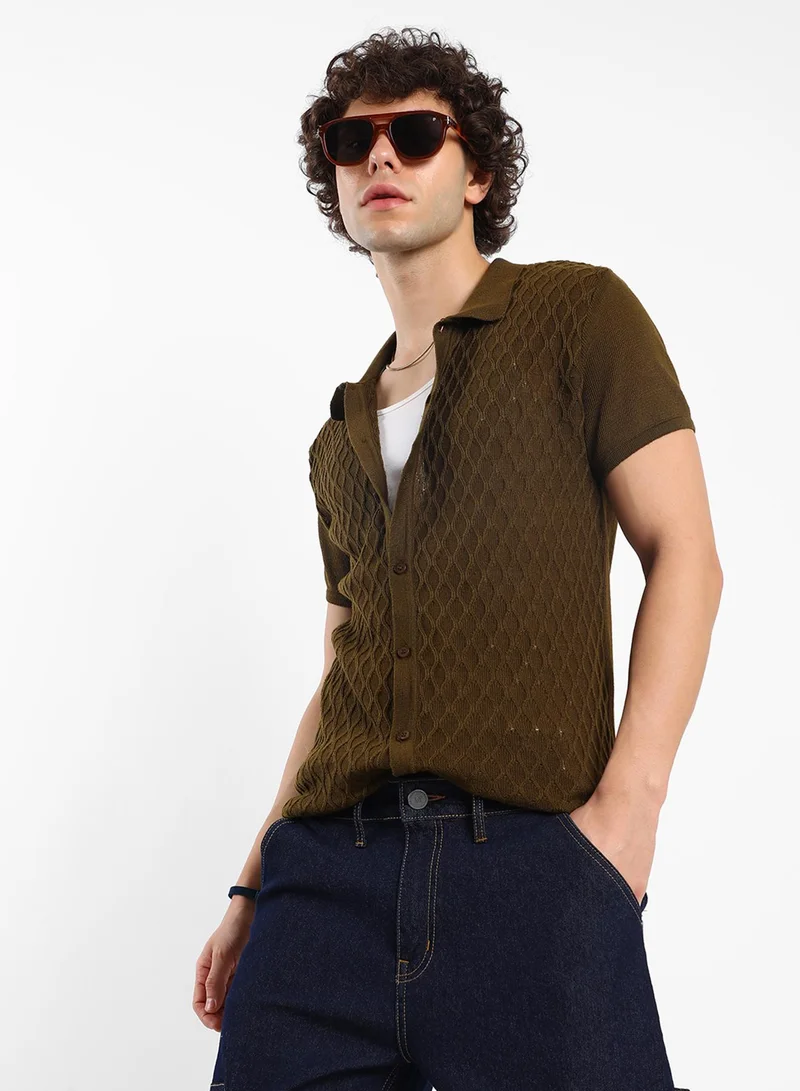 كامبوس سوترا Men's Mocha Brown Harlequin-Textured Knit Shirt