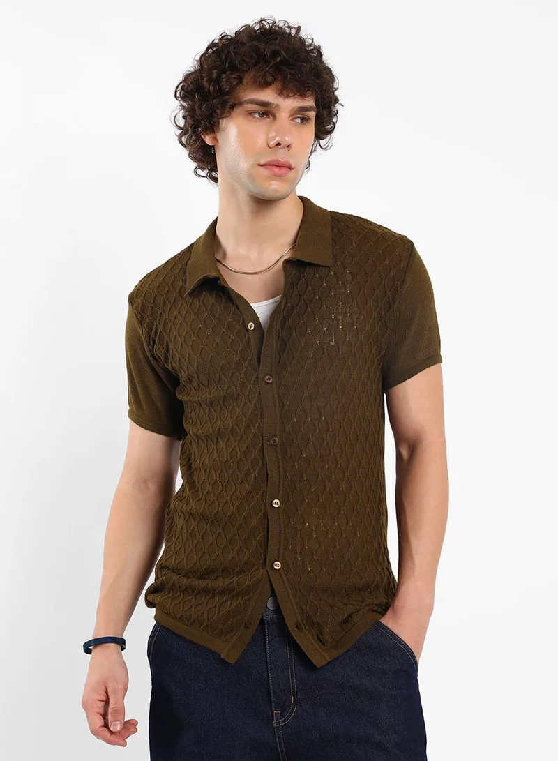 كامبوس سوترا Men's Mocha Brown Harlequin-Textured Knit Shirt