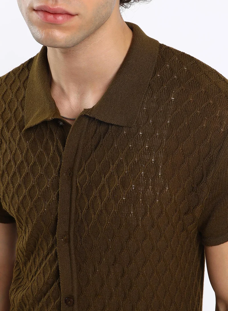 كامبوس سوترا Men's Mocha Brown Harlequin-Textured Knit Shirt