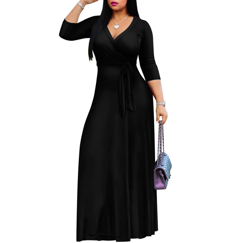 FANDEE Plus Size Maxi Dress for Women - Casual Summer Sundress V-Neck 3/4 Sleeve Solid Black 3XL - Image 4