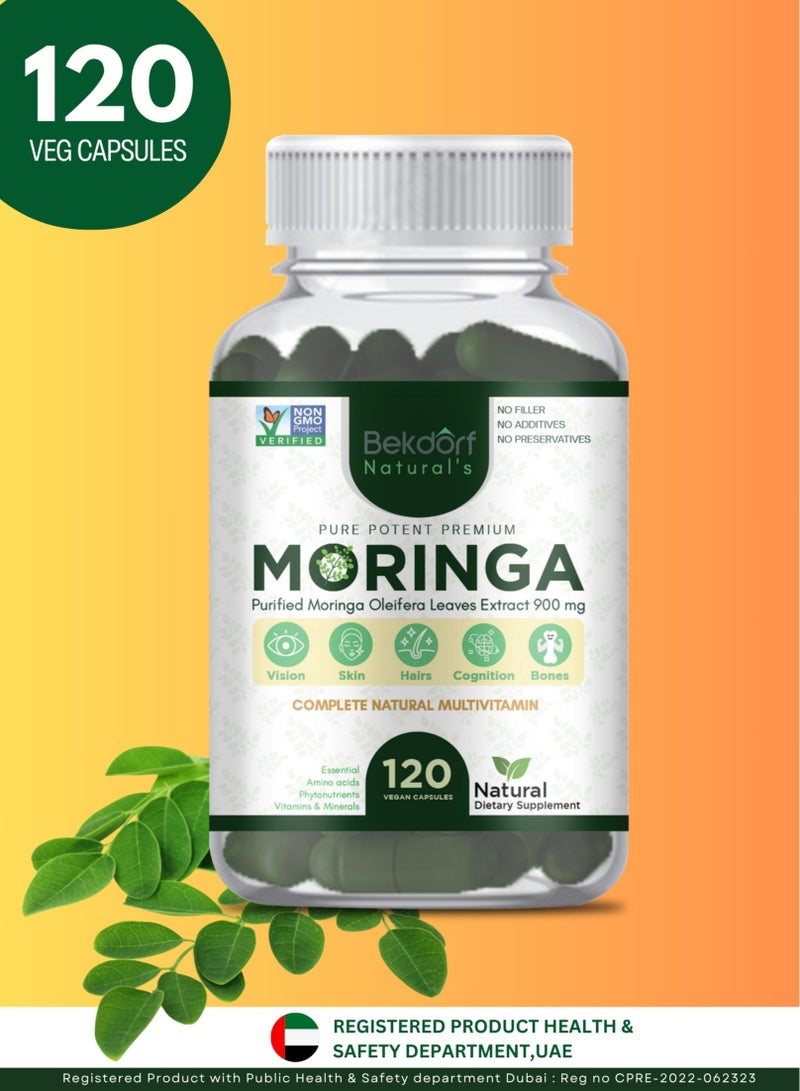 بيكدورف مستخلصات أوراق المورينجا النقية (موحدة بنسبة 5% صابونين) - غذاء خارق طبيعي كامل، غذاء خارق أخضر منشط، يدعم المناعة، مضاد للأكسدة، يعزز عملية الأيض، نقي 100%، خالٍ من المواد المضافة والمواد الحافظة - 120 كبسولة نباتية - Image 1