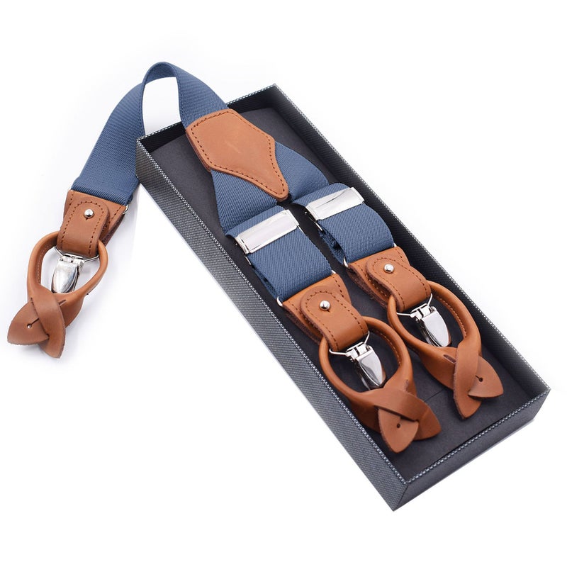 Mens Trendy Suspenders 3.5cm Adjustable Elastic 6 Clips Casual Straps Denim Blue 