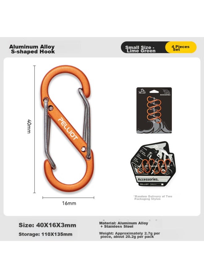 PELLIOT Pelliot Outdoor S-shaped Carabiner, Aluminum Alloy Climbing Buckle, Backpack Hook, Connecting Ring, 16206802, Lime Orange, Small Size, 4-pack - Image 1