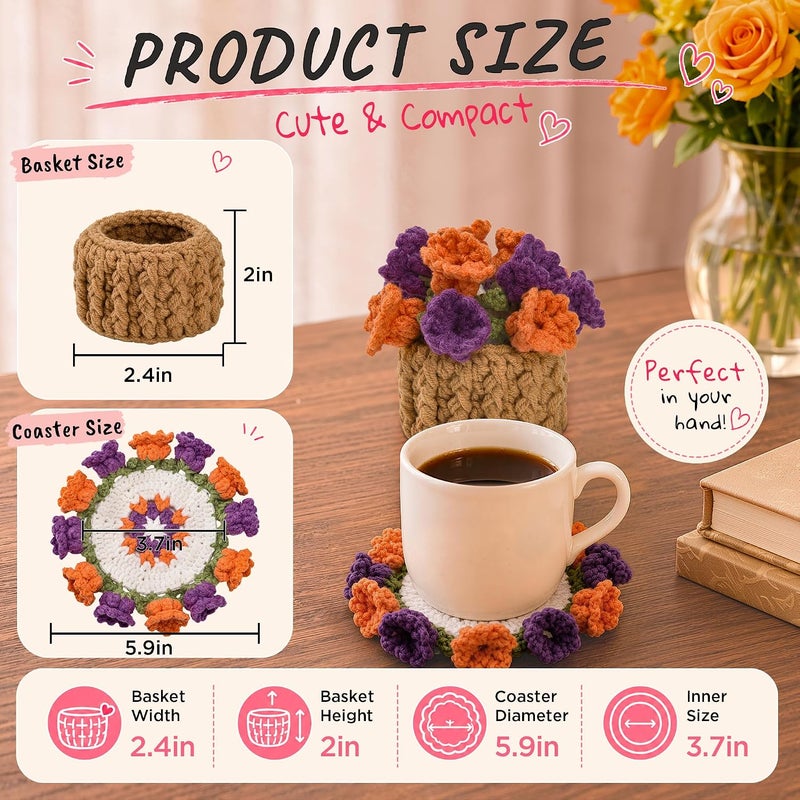 Vane Oak Flower Crochet Coasters, Handmade Bouquet Blanket Coaster with Crochet Plant Pot Fun Soft Decorative Drink Coasters for Coffee Tabletop Protection and Home Decor (Purple, 1Pc) - Image 2