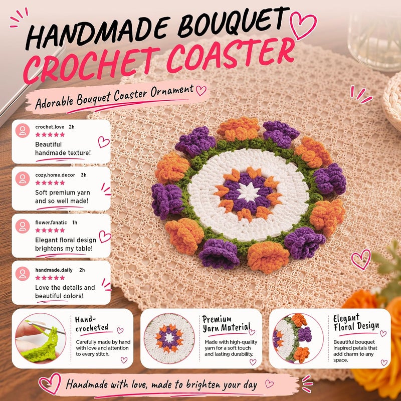 Vane Oak Flower Crochet Coasters, Handmade Bouquet Blanket Coaster with Crochet Plant Pot Fun Soft Decorative Drink Coasters for Coffee Tabletop Protection and Home Decor (Purple, 1Pc) - Image 4