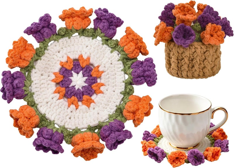Vane Oak Flower Crochet Coasters, Handmade Bouquet Blanket Coaster with Crochet Plant Pot Fun Soft Decorative Drink Coasters for Coffee Tabletop Protection and Home Decor (Purple, 1Pc) - Image 1
