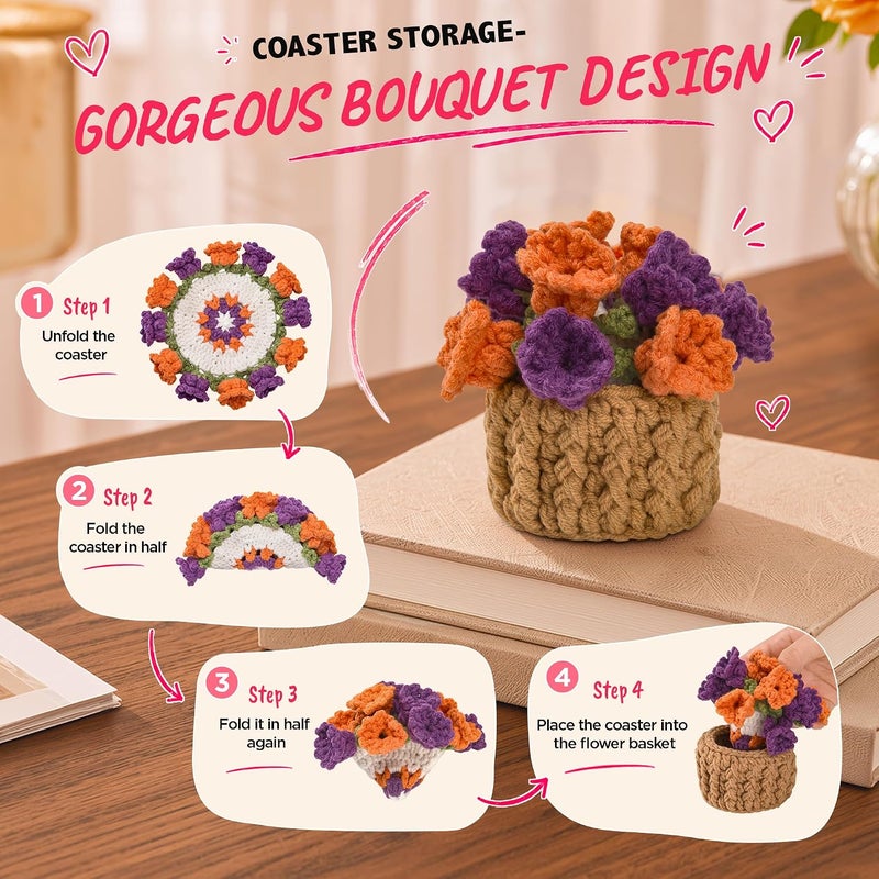 Vane Oak Flower Crochet Coasters, Handmade Bouquet Blanket Coaster with Crochet Plant Pot Fun Soft Decorative Drink Coasters for Coffee Tabletop Protection and Home Decor (Purple, 1Pc) - Image 3