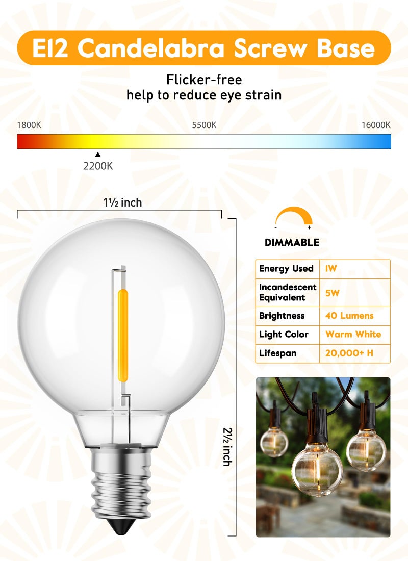Brightown G40 Led Replacement Light Bulbs 1W Shatterproof Globe Bulb fits E12 Candelabra Screw Base, 1.5 Inch Dimmable Light Bulbs for Indoor Outdoor String Lights, Patio Cafe Decor, Warm White, 25 Pack - Image 2