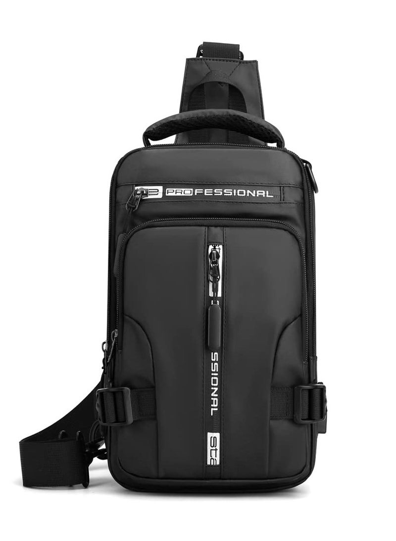 SYOSI Nylon Casual Sling Backpack Crossbody Shoulder Chest Bag for Men Women Travel Hiking Daypack with USB Charging Port(Black) - Image 2