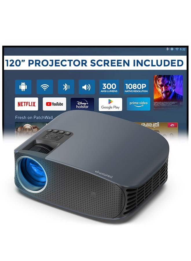 LED Projector With 120 Inch Screen | 300 ANSI Native 1080P Android 9.0 TV 5G WiFi Full HD Home Theater Video Projector PROJ-WO-74-AN_SCR-04 Black