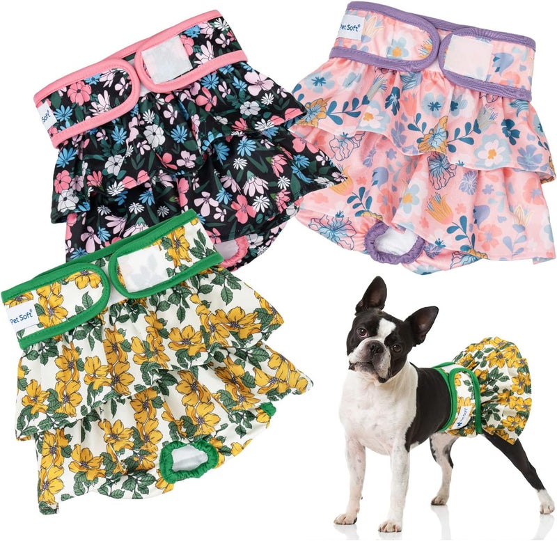 Pet Soft Washable Female Diapers (3 Pack) – Female Dog Diapers, Dress Style Comfort Reusable Doggy Diapers for Girl Dog in Period Heat (Floral, L) - Image 1