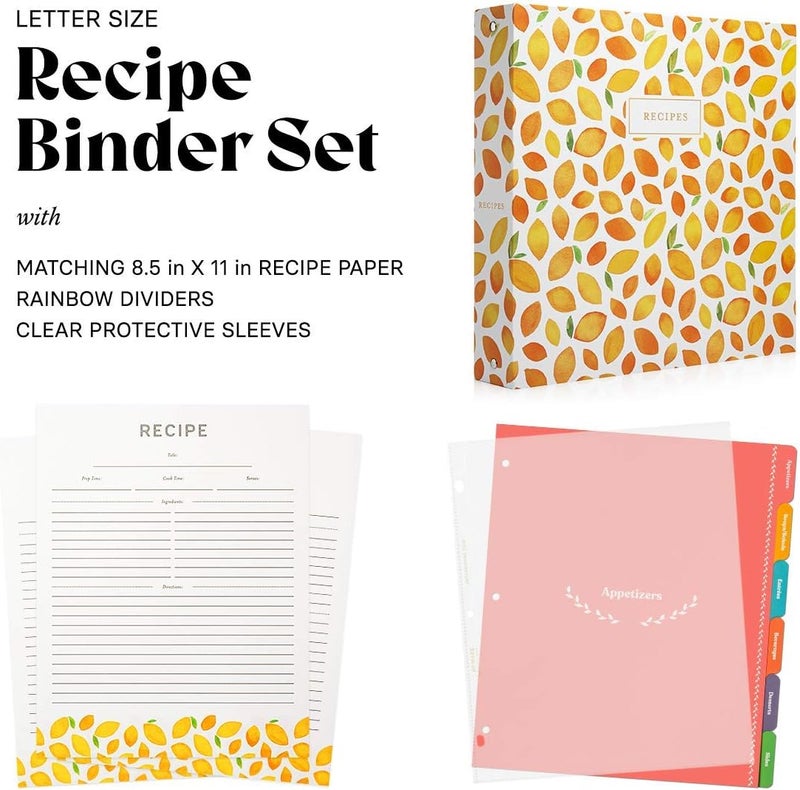 Jot  Mark 8.5" x 11" Sturdy 3 Ring Recipe Binder with Spill-Proof Clear Binder Sleeves Sheet Protector, 30 Dual-Sided Recipe Card Pages for Written & Printed Recipes, Tabbed Dividers, Lemon Twist - Image 2