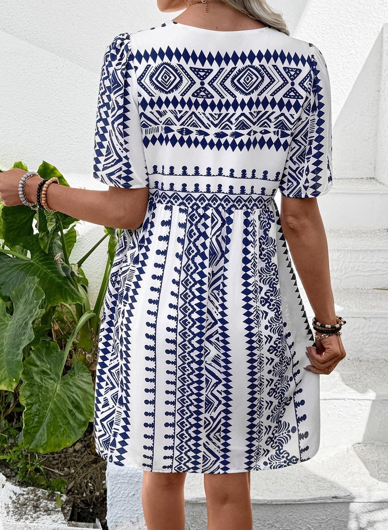 Shein SHEWIN Womens Summer Dresses Comfy Short Sleeve Elegant Boho Dresses for Women Trendy Loose Fit High Waist V Neck Summer Dress 2026 Blue Large - Image 3