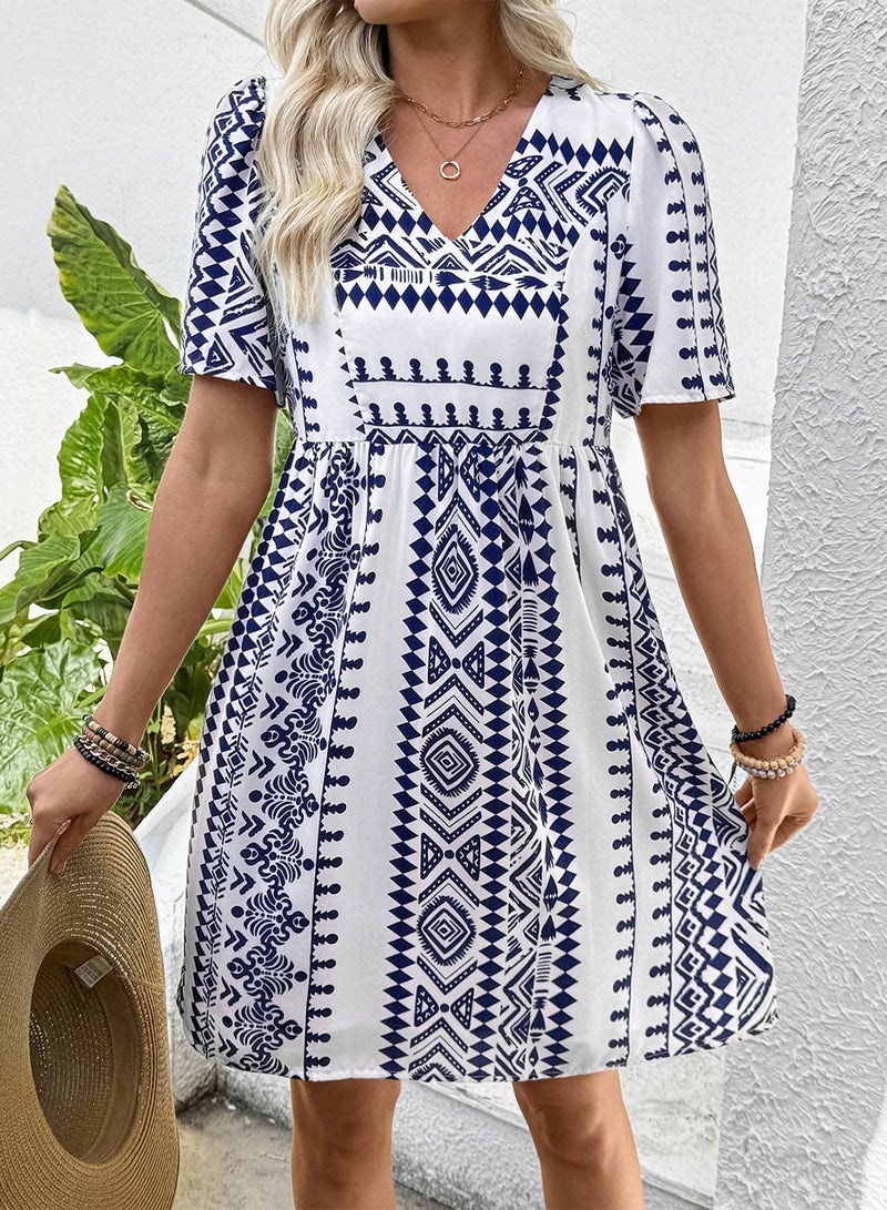 Shein SHEWIN Womens Summer Dresses Comfy Short Sleeve Elegant Boho Dresses for Women Trendy Loose Fit High Waist V Neck Summer Dress 2026 Blue Large - Image 2