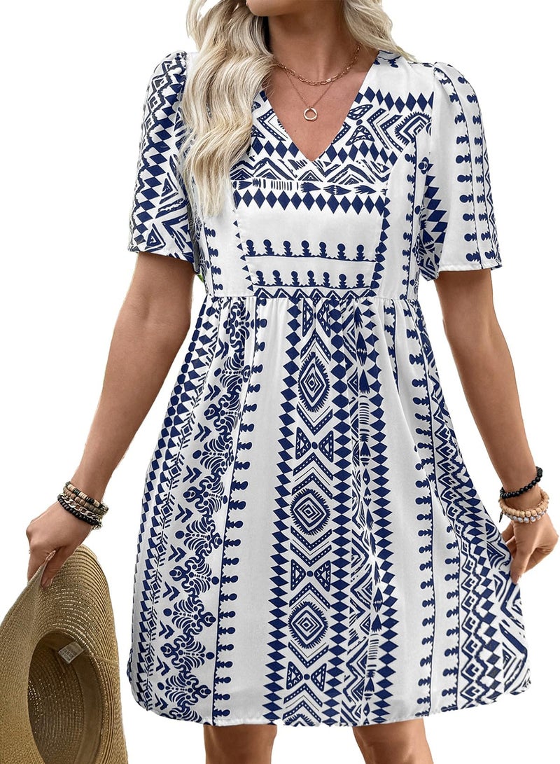 Shein SHEWIN Womens Summer Dresses Comfy Short Sleeve Elegant Boho Dresses for Women Trendy Loose Fit High Waist V Neck Summer Dress 2026 Blue Large - Image 1