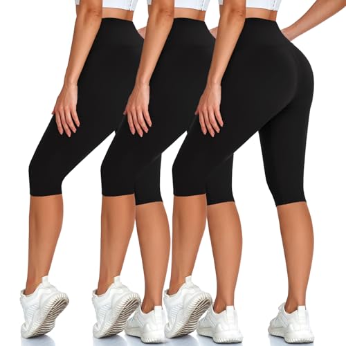 Hi Clasmix High Waisted 3 Pack Women's Capri Pants - Knee Length Yoga Shorts, Biker Workout Leggings for Women,Summer Activewear Black/Black/Black - Image 1