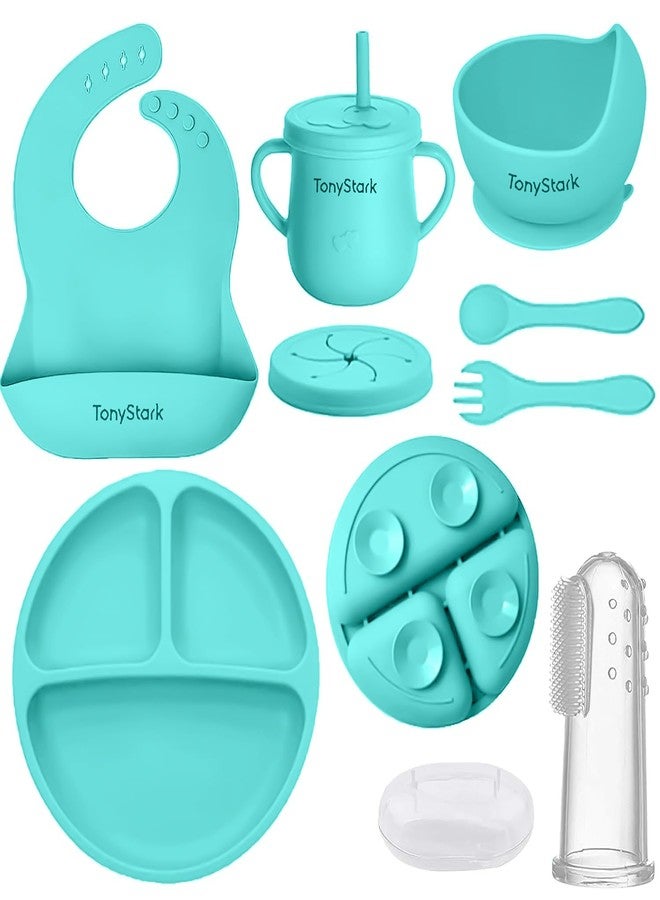 Tony Stark 7 Pcs Silicone Baby Feeding Set Bpa-Free,Microwave Safe,Anti-Slip Base | Complete Tableware Kit for Babies & Toddlers with Suction Plate,Bowl,Cup, Spoon,Fork & Bib (Green) - Image 1