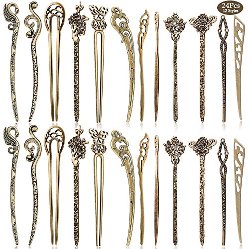 AUHOKY 24 Pieces Chinese Women Hair Sticks, AUHOKY 12 Styles Vintage Bronze Decorative Hair Pin Chopsticks, Antique Retro Hair Forks for Hair DIY Accessory - Image 1