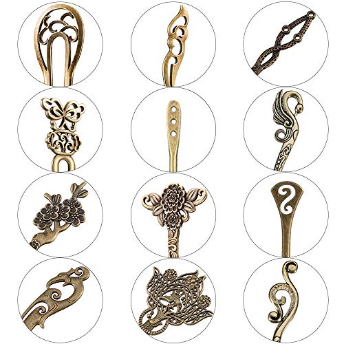 AUHOKY 24 Pieces Chinese Women Hair Sticks, AUHOKY 12 Styles Vintage Bronze Decorative Hair Pin Chopsticks, Antique Retro Hair Forks for Hair DIY Accessory - Image 2