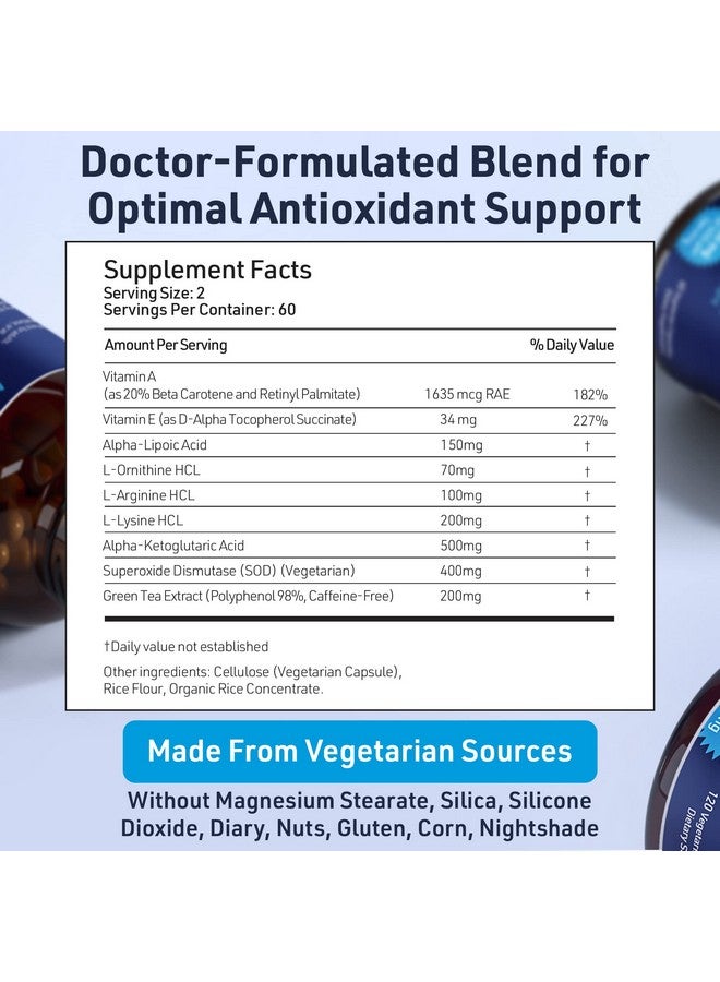 AgeImmune SOD Antioxidants Complex Healthy Aging Supplement - 400mg of Superoxide Dismutase - Alpha Lipoic Acid - Green Tea Extract - L-Arginine - Lysine - AKG - Vitamins A and E for Immune Support-120 Capsules - Image 2