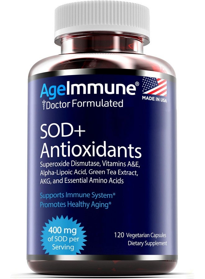 AgeImmune SOD Antioxidants Complex Healthy Aging Supplement - 400mg of Superoxide Dismutase - Alpha Lipoic Acid - Green Tea Extract - L-Arginine - Lysine - AKG - Vitamins A and E for Immune Support-120 Capsules - Image 1