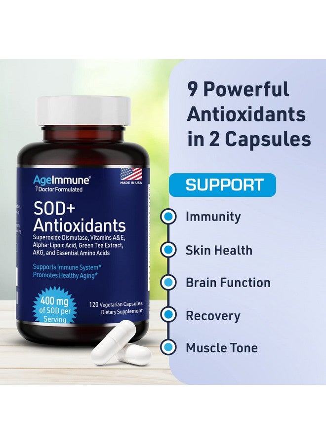 AgeImmune SOD Antioxidants Complex Healthy Aging Supplement - 400mg of Superoxide Dismutase - Alpha Lipoic Acid - Green Tea Extract - L-Arginine - Lysine - AKG - Vitamins A and E for Immune Support-120 Capsules - Image 5