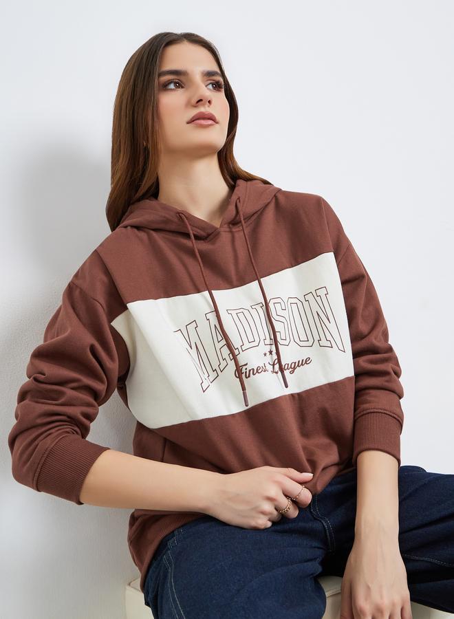 Styli Women Brown Regular Fit Color Block Hoodie - Image 1