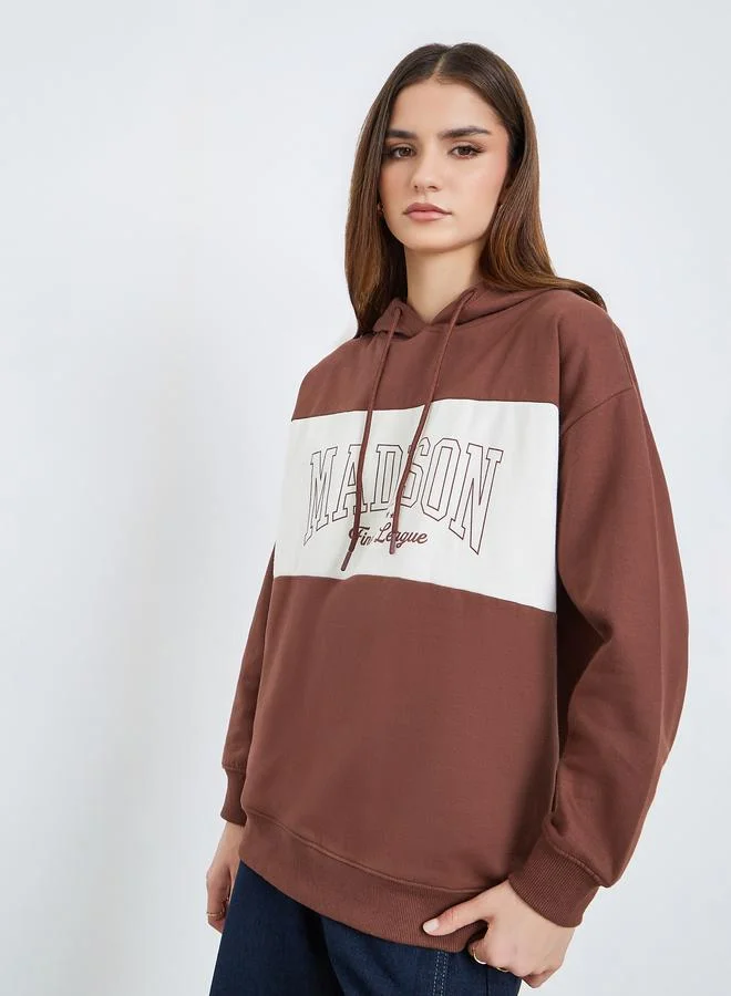 Styli Women Brown Regular Fit Color Block Hoodie